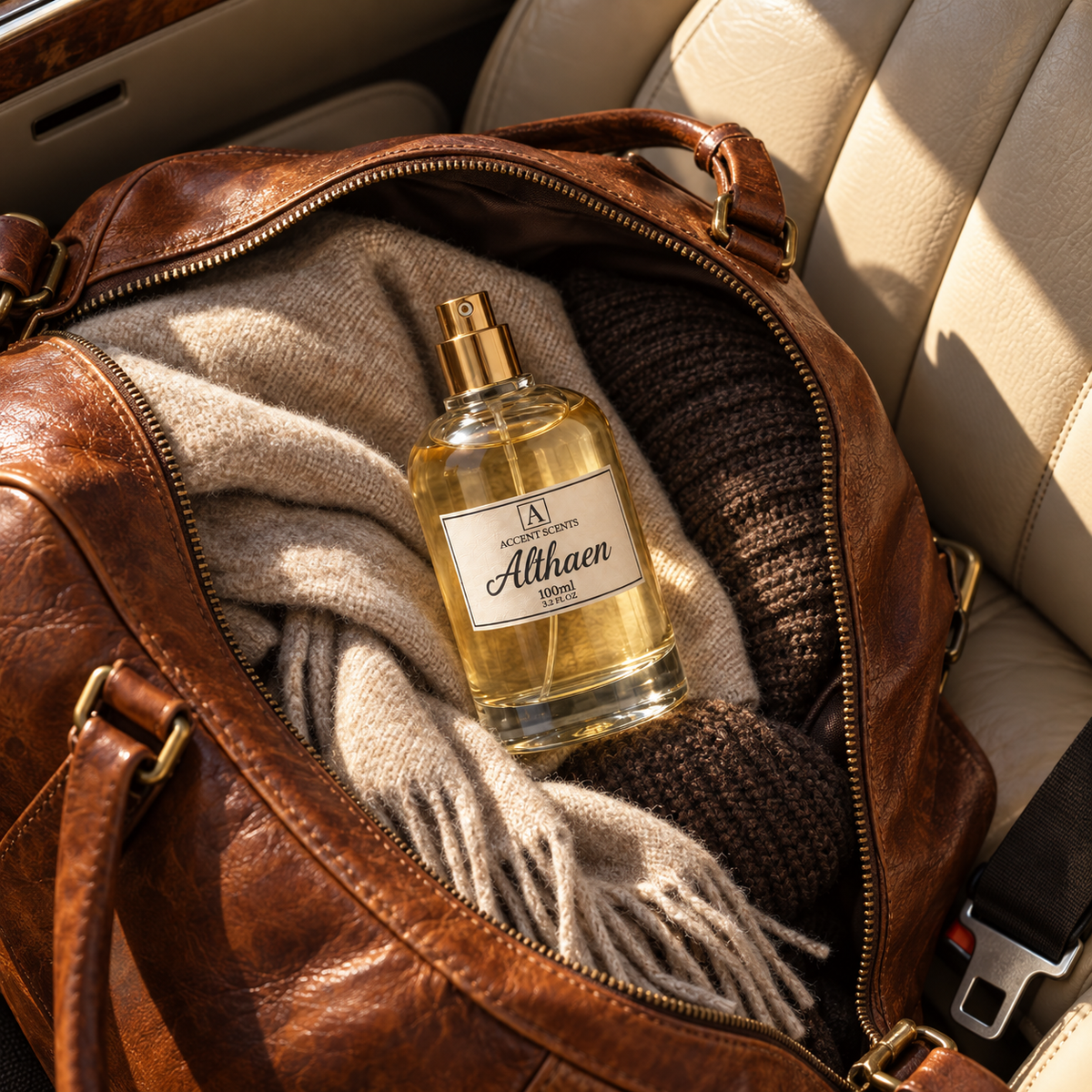 Althaen-Flakon in einer geöffneten Ledertasche auf einem Autositz