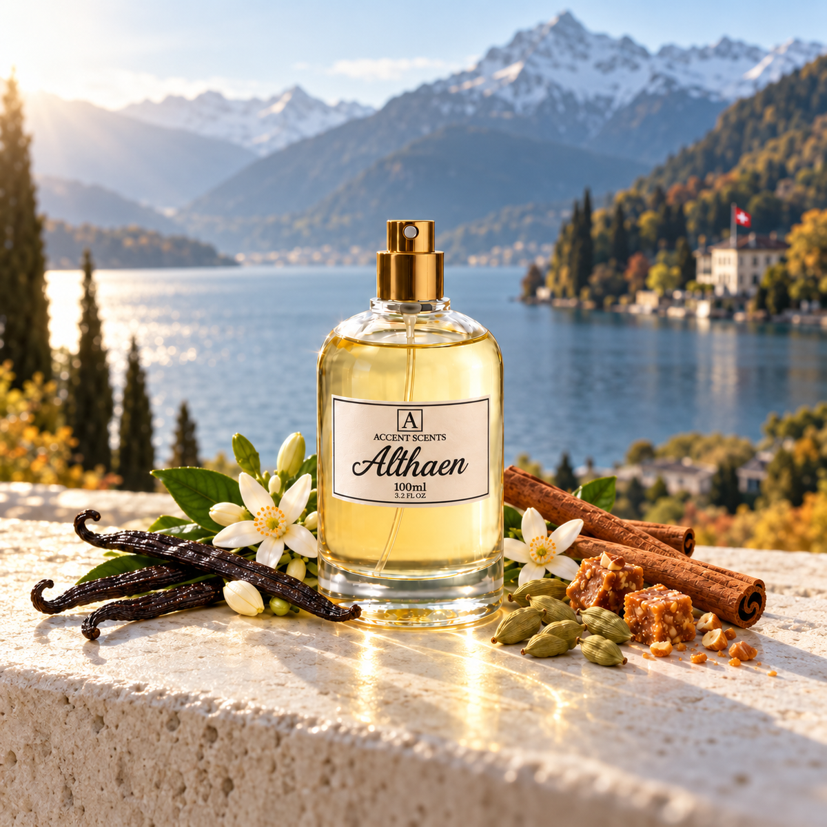 Althaen im neuen 100-ml-Flakon vor einer Schweizer Alpen- und Seenlandschaft als Markenmotiv.
