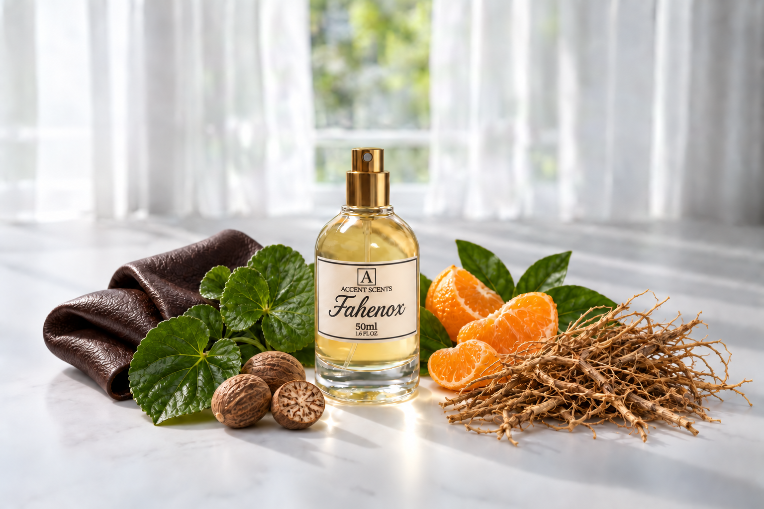 Fahenox von Accent Scents – 50 ml Flakon mit Duftnoten-Motiven