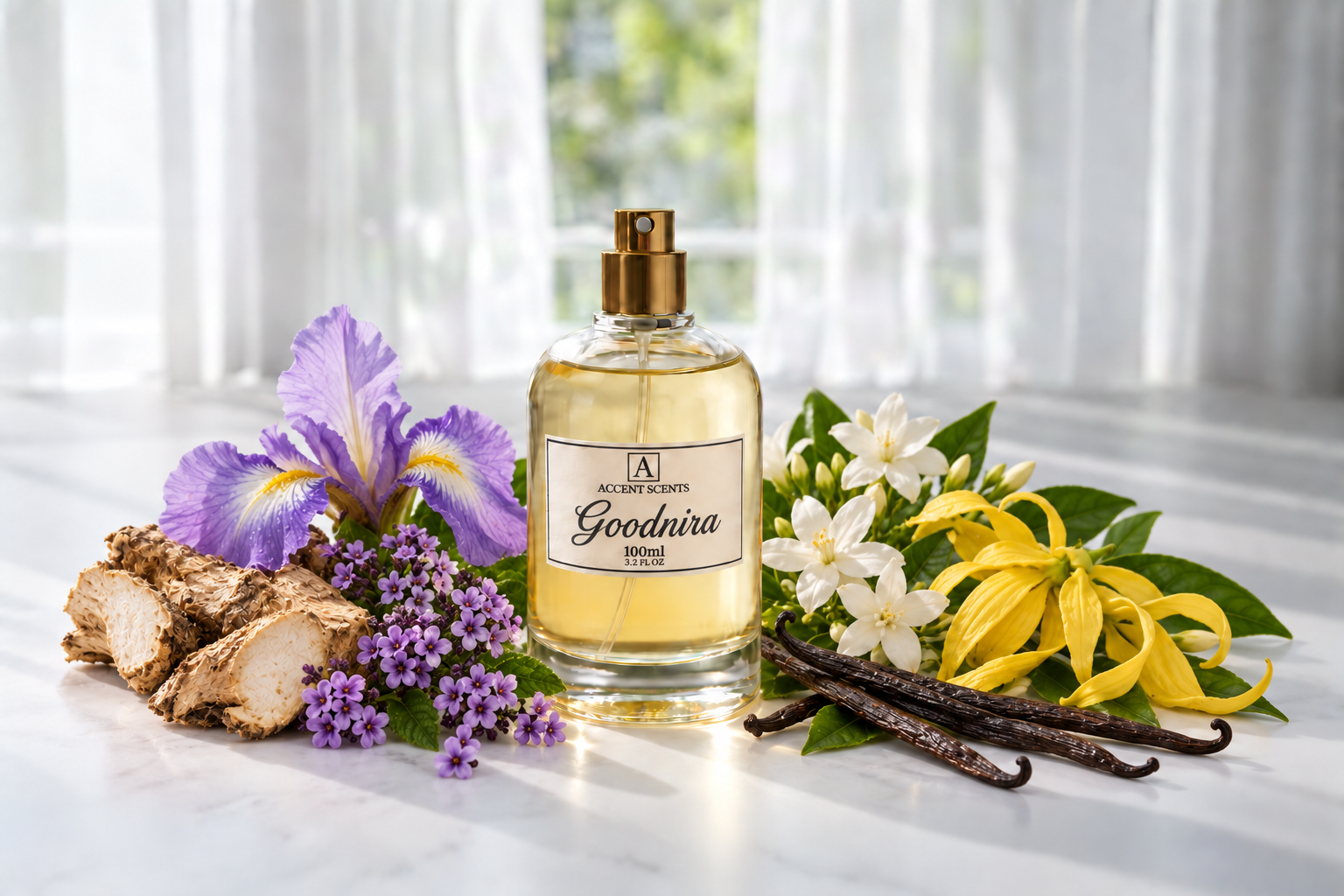 Goodnira von Accent Scents – 100 ml Flakon mit Duftnoten-Motiven