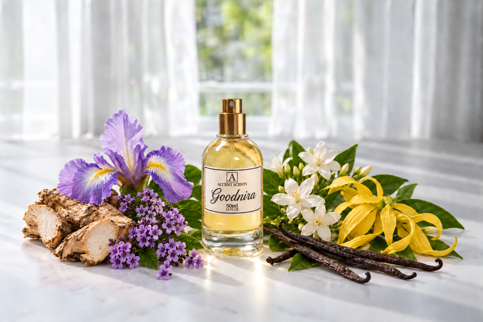 Goodnira von Accent Scents – 50 ml Flakon mit Duftnoten-Motiven